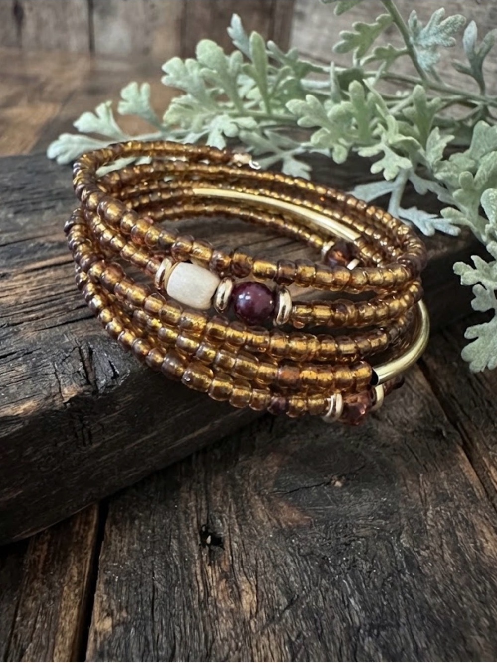 Beaded Wrap Bracelet - Amber Gold Tones